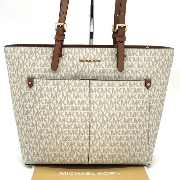 Michael Kors Medium Double Packet Tote Bag Vanilla/Brown - Picture 1 of 12